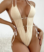 Solid Strapped High Cut Thong One Piece Beige / S