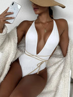 Solid Strapped High Waist Hollow One Piece white / S