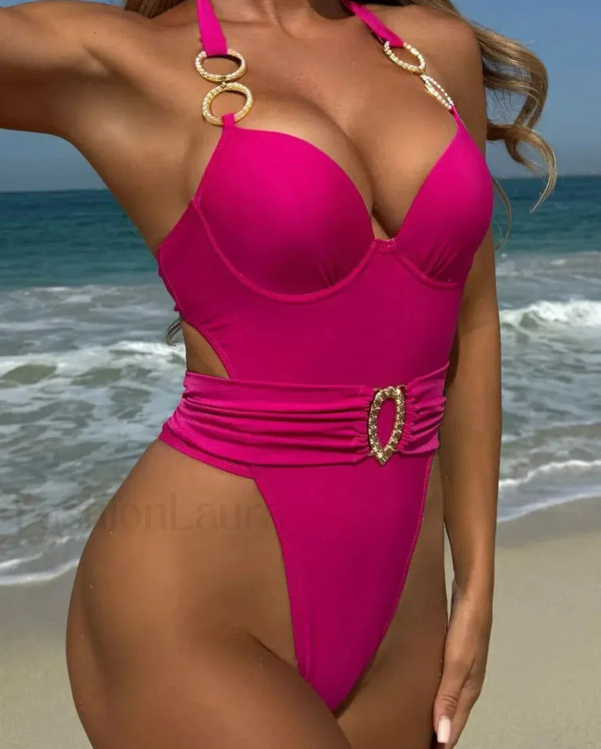Solid Tied Halter Push Up One Piece Pink / S