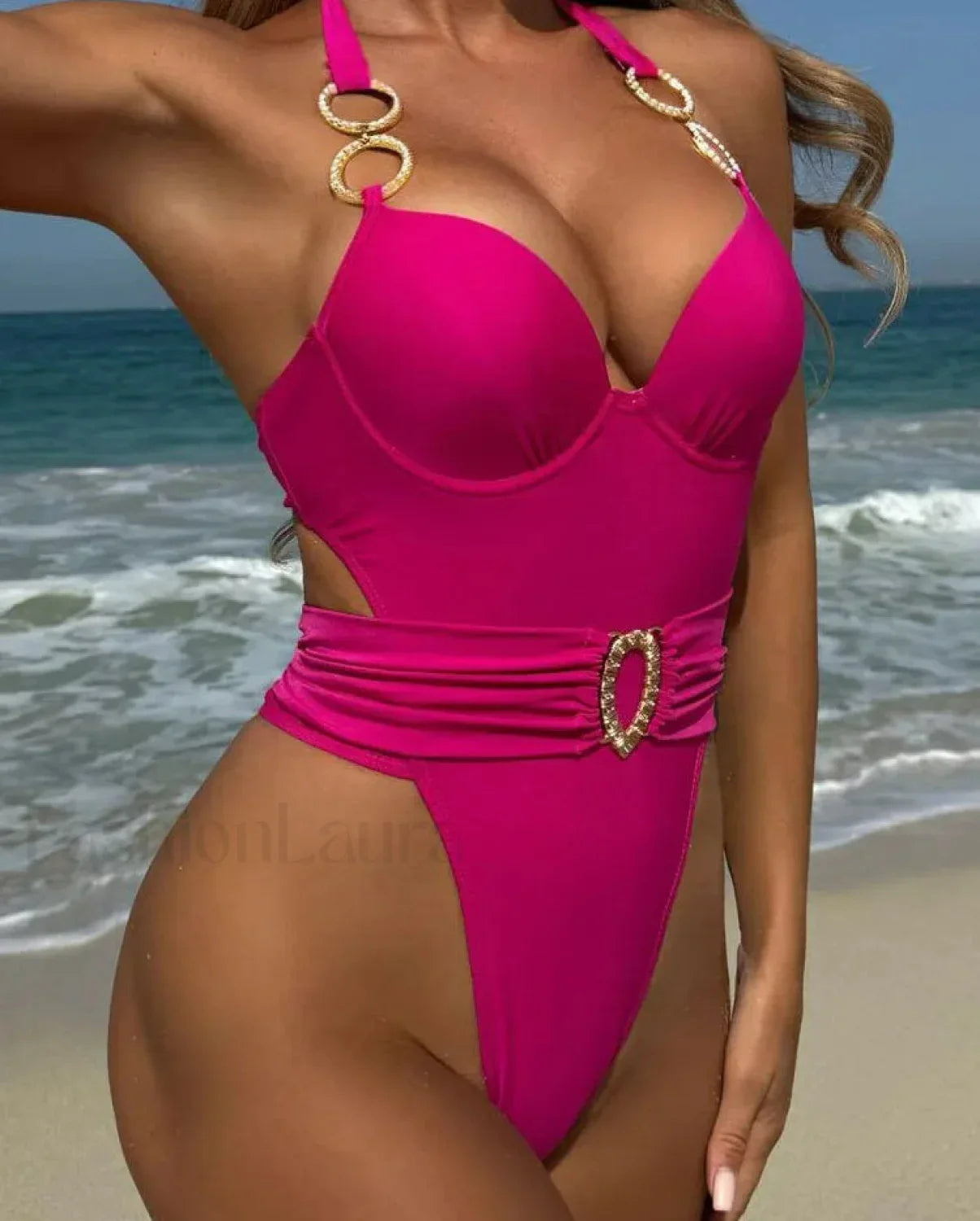 Solid Tied Halter Push Up One Piece Pink / S