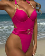 Solid Tied Halter Push Up One Piece Pink / S