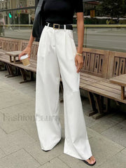 Solid Wide Leg Pants Without Belt White / XS Pants