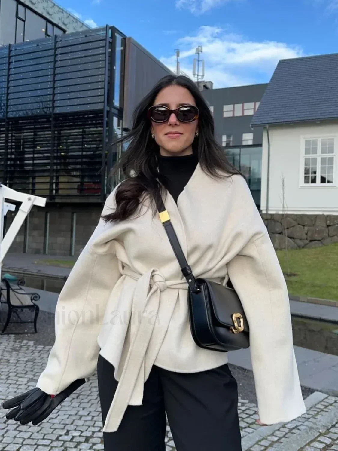 Solid Women’s Slim Coat Elegant V neck Belts Chic Long Sleeve Overcoats