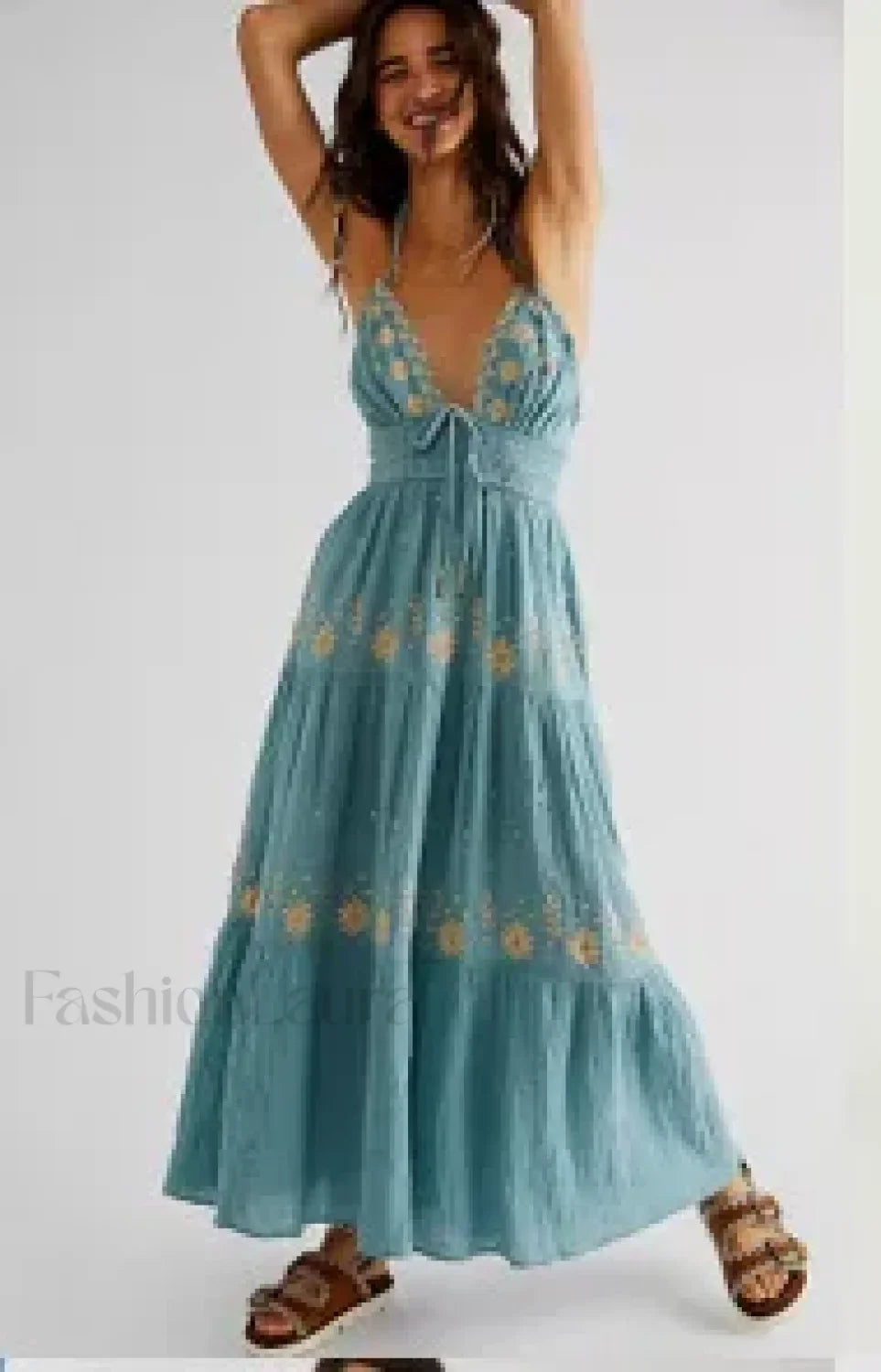 Spaghetti Strap Lace Up Boho Dress Turquoise / S