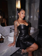 Spaghetti Strap Sweetheart A Line Faux Leather Mini Sexy Backless PU Dress
