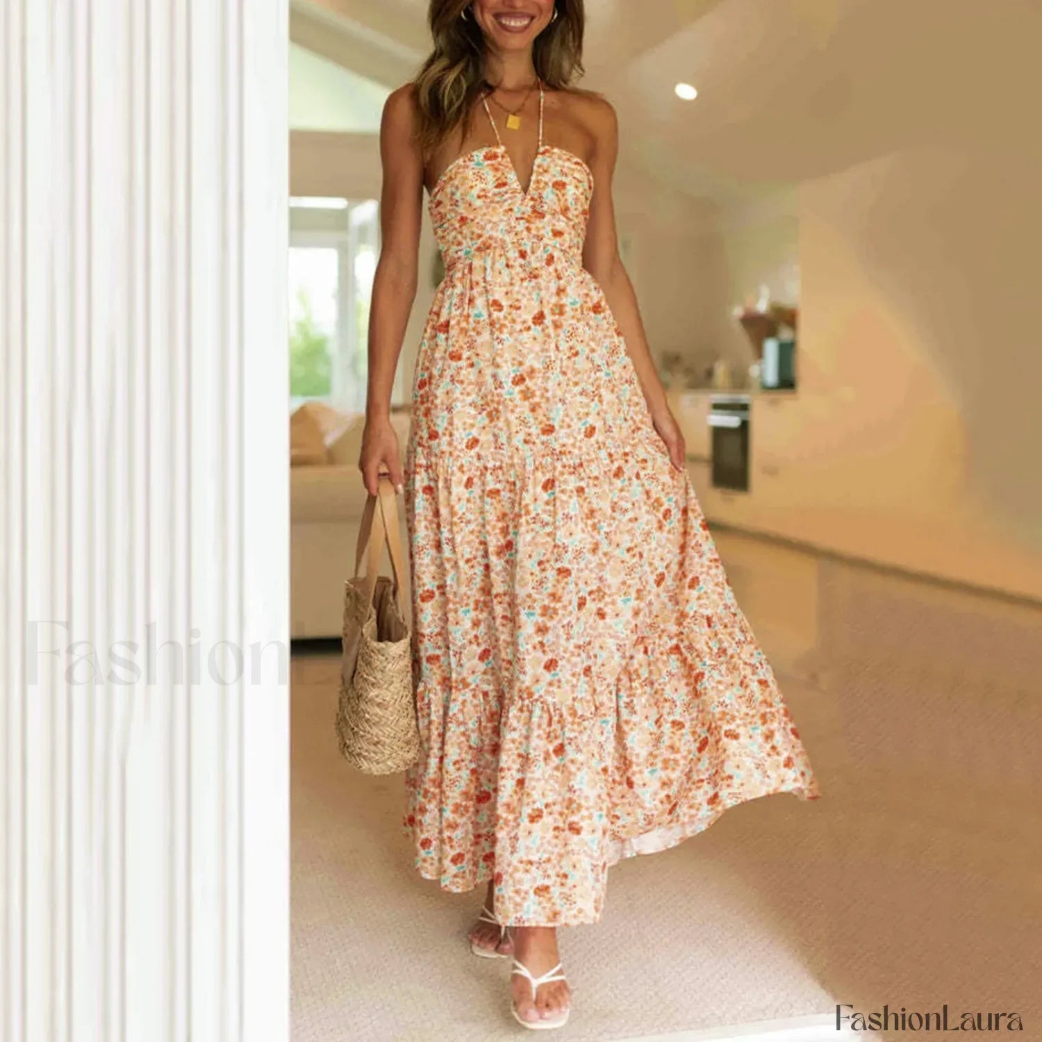 Spaghetti Strap V neck Floral Dress