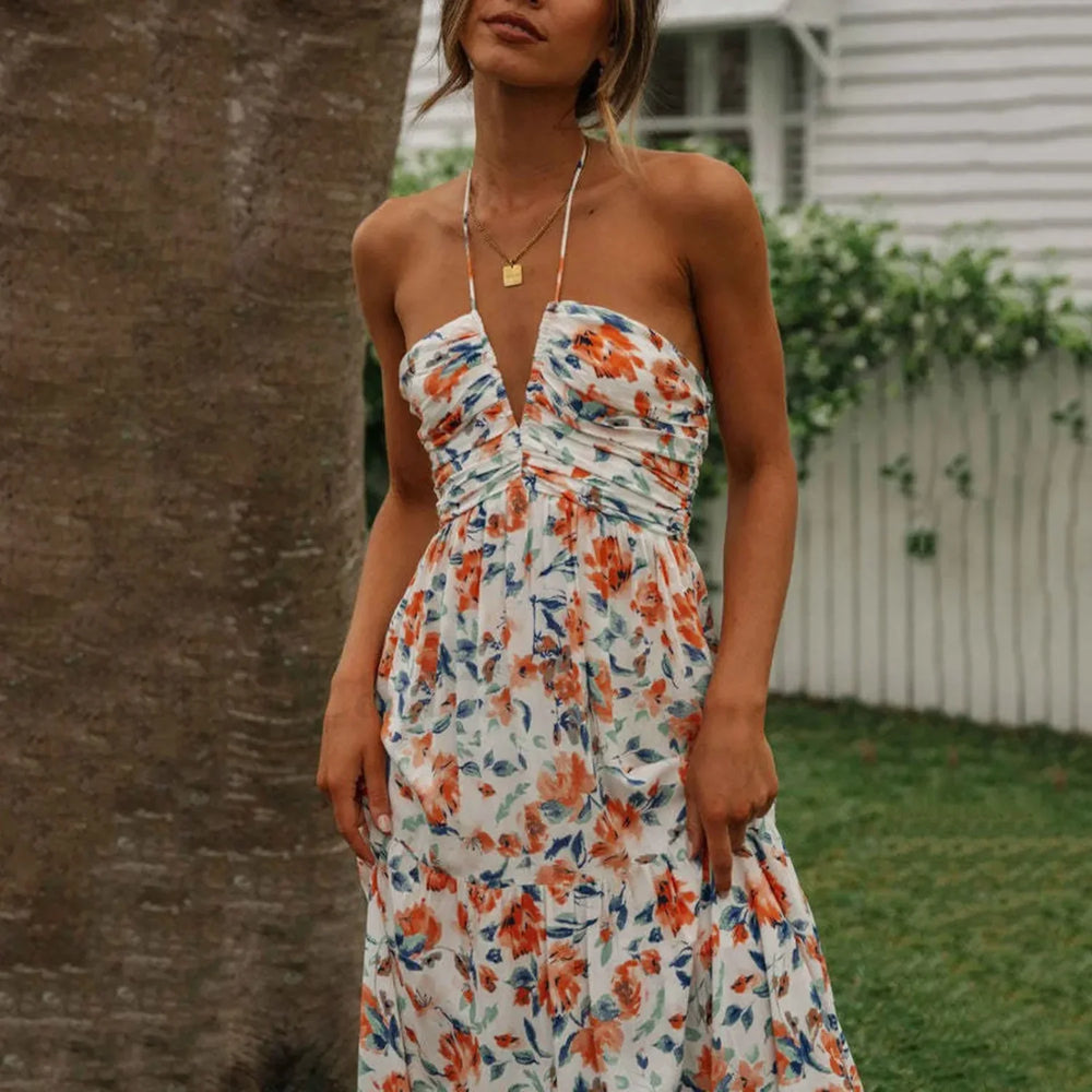 Spaghetti Strap V neck Floral Dress