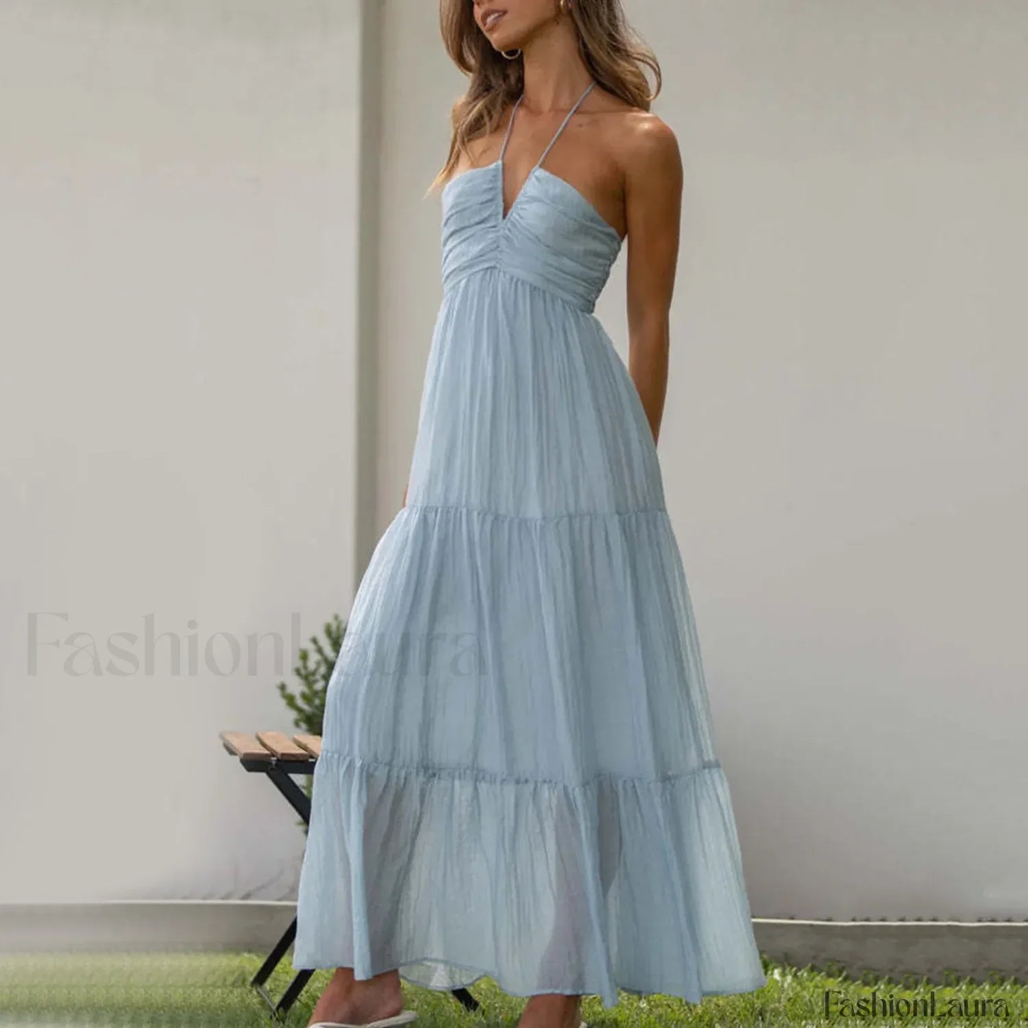 Spaghetti Strap V neck Floral Dress blue1 / S / CHINA