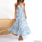 Spaghetti Strap V neck Floral Dress blue2 / S / CHINA