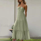 Spaghetti Strap V neck Floral Dress Green / S / CHINA