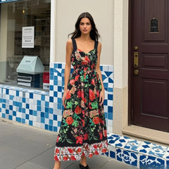 Spaghetti Strap V Neck Floral Maxi Dress Ruffled Straps Floral Dress Black / XS