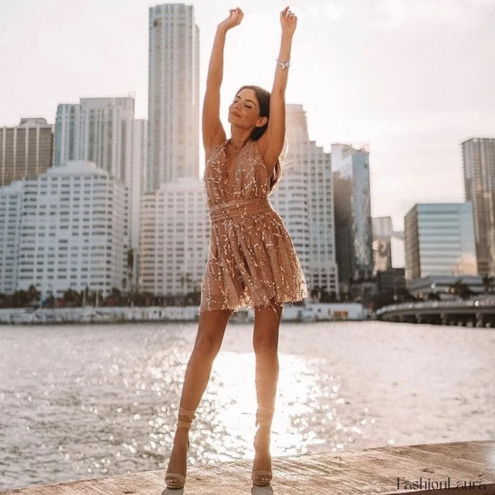 Sparkly Sequin Deep V Neck Party Mini Dress Gold L / Gold Party Dresses L