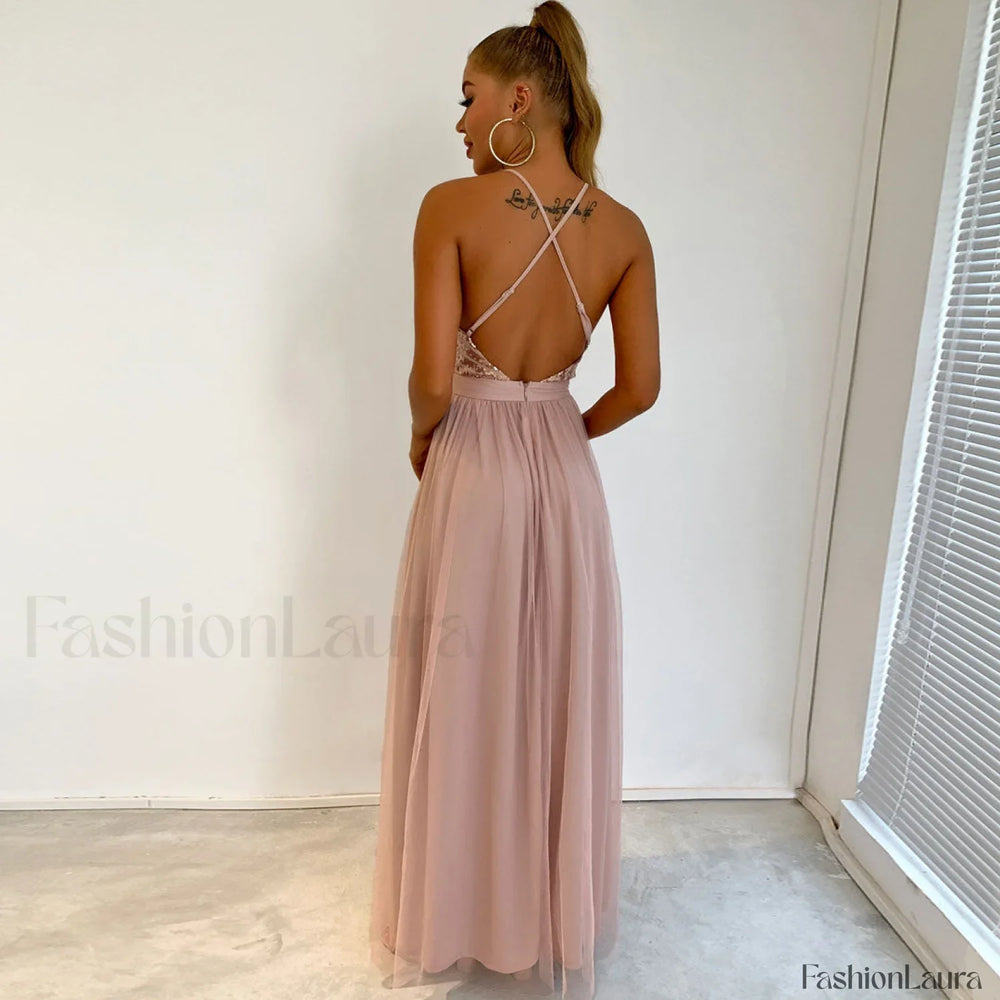 Sparkly Sequin Panel Mesh Deep V Evening Maxi Dress Champagne L / Champagne Formal Dresses