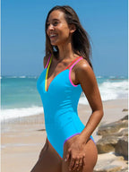 Spliced Contrast Backless One Piece Blue / S