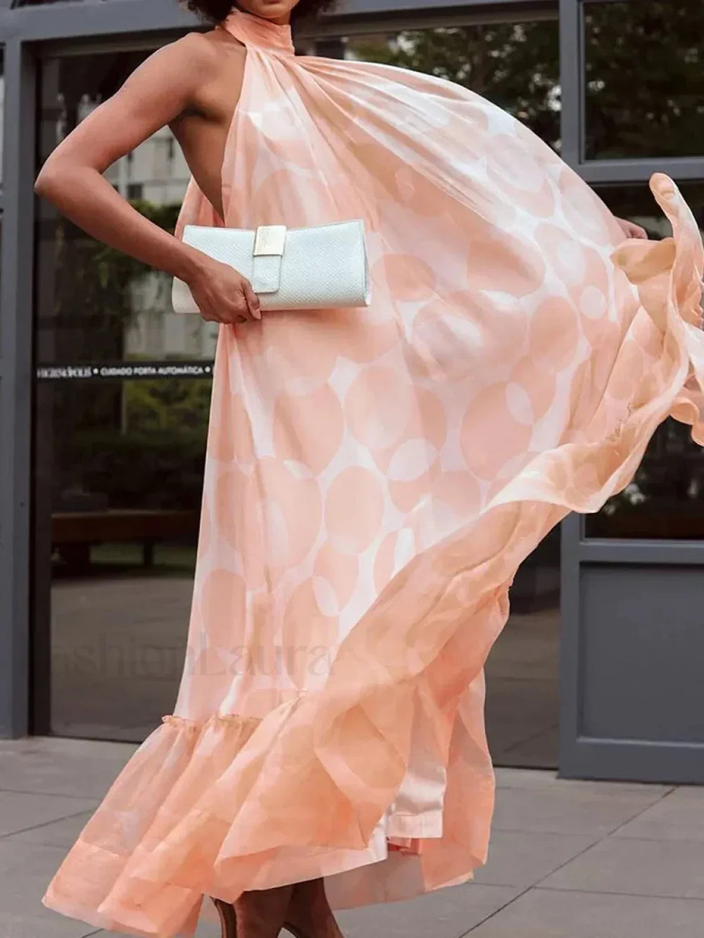 Spliced Dot Backless Halter Maxi Dress