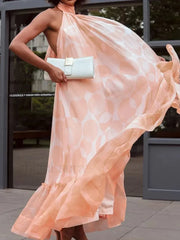 Spliced Dot Backless Halter Maxi Dress