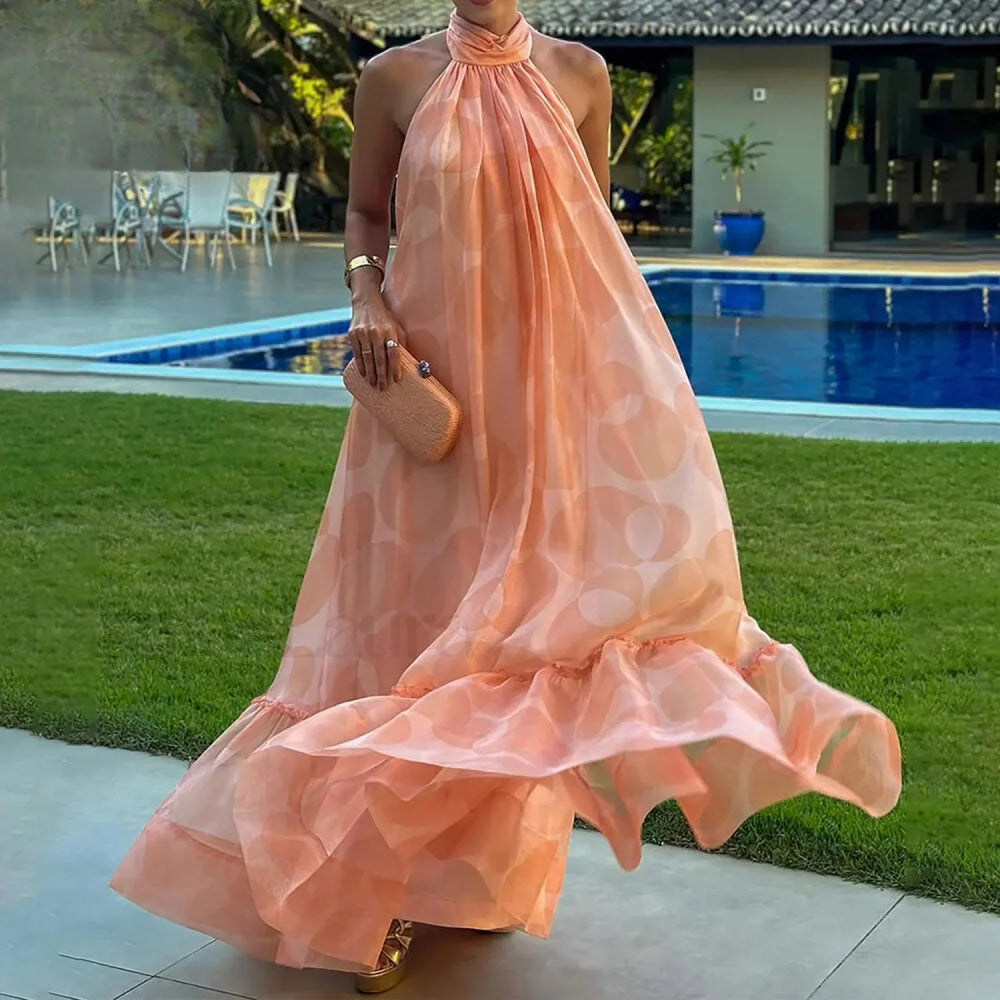 Spliced Dot Backless Halter Maxi Dress ORANGE / S