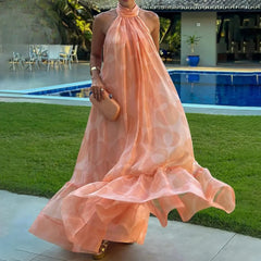 Spliced Dot Backless Halter Maxi Dress ORANGE / S