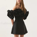 Spliced Flower Halter Mini Dress BLACK / S