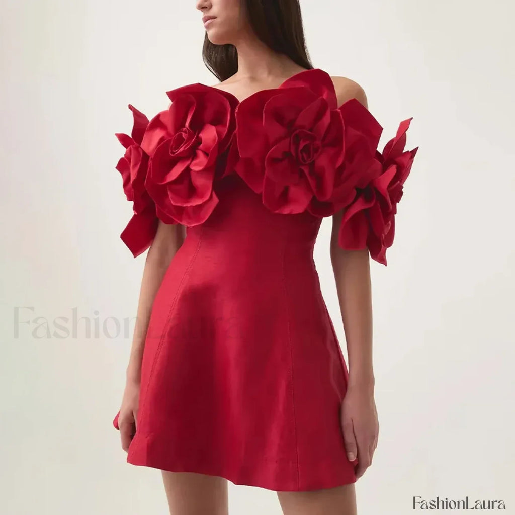 Spliced Flower Halter Mini Dress Red / S