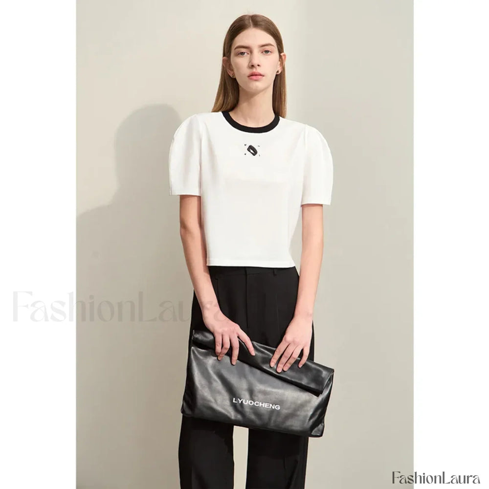 Spliced Mutton Sleeve T Shirt Beige / S