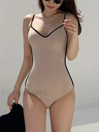 Spliced Sling Backless Fashion One Piece APRICOT / M