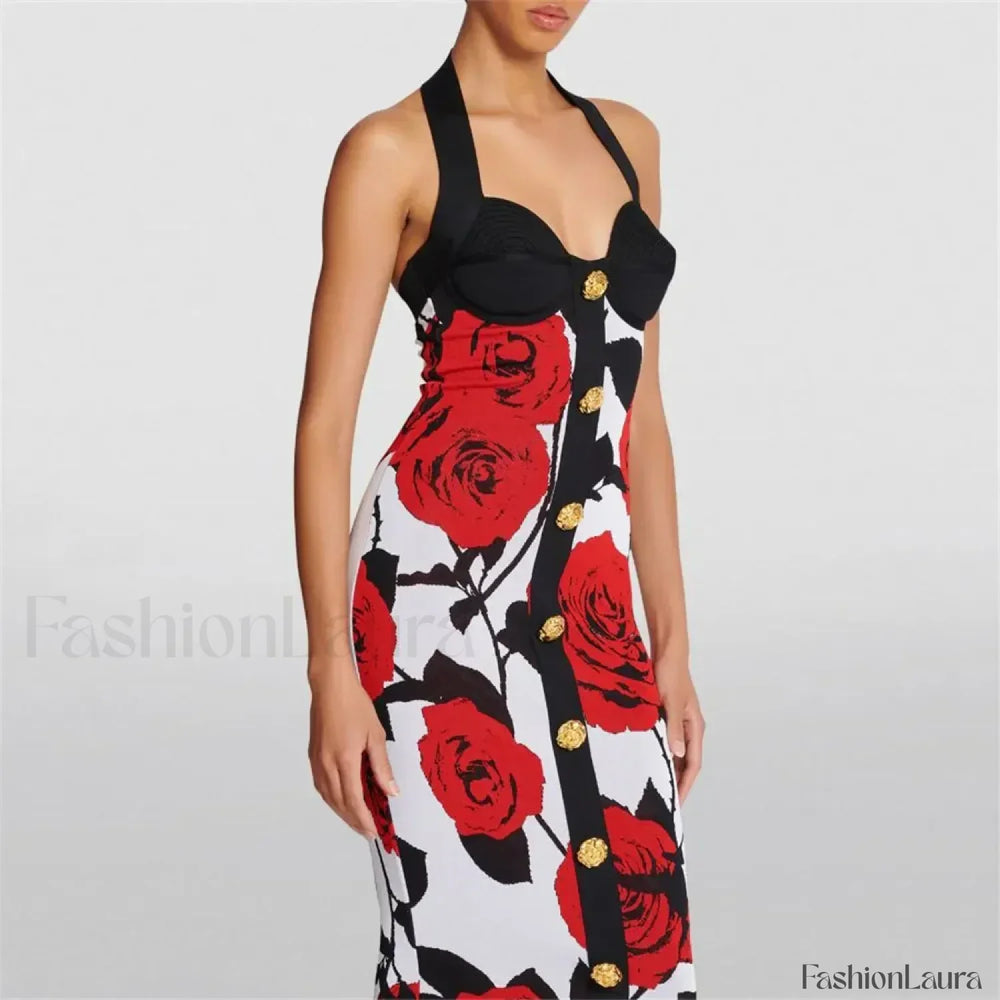 Spliced Zipper Neck Floral Dress RED / S