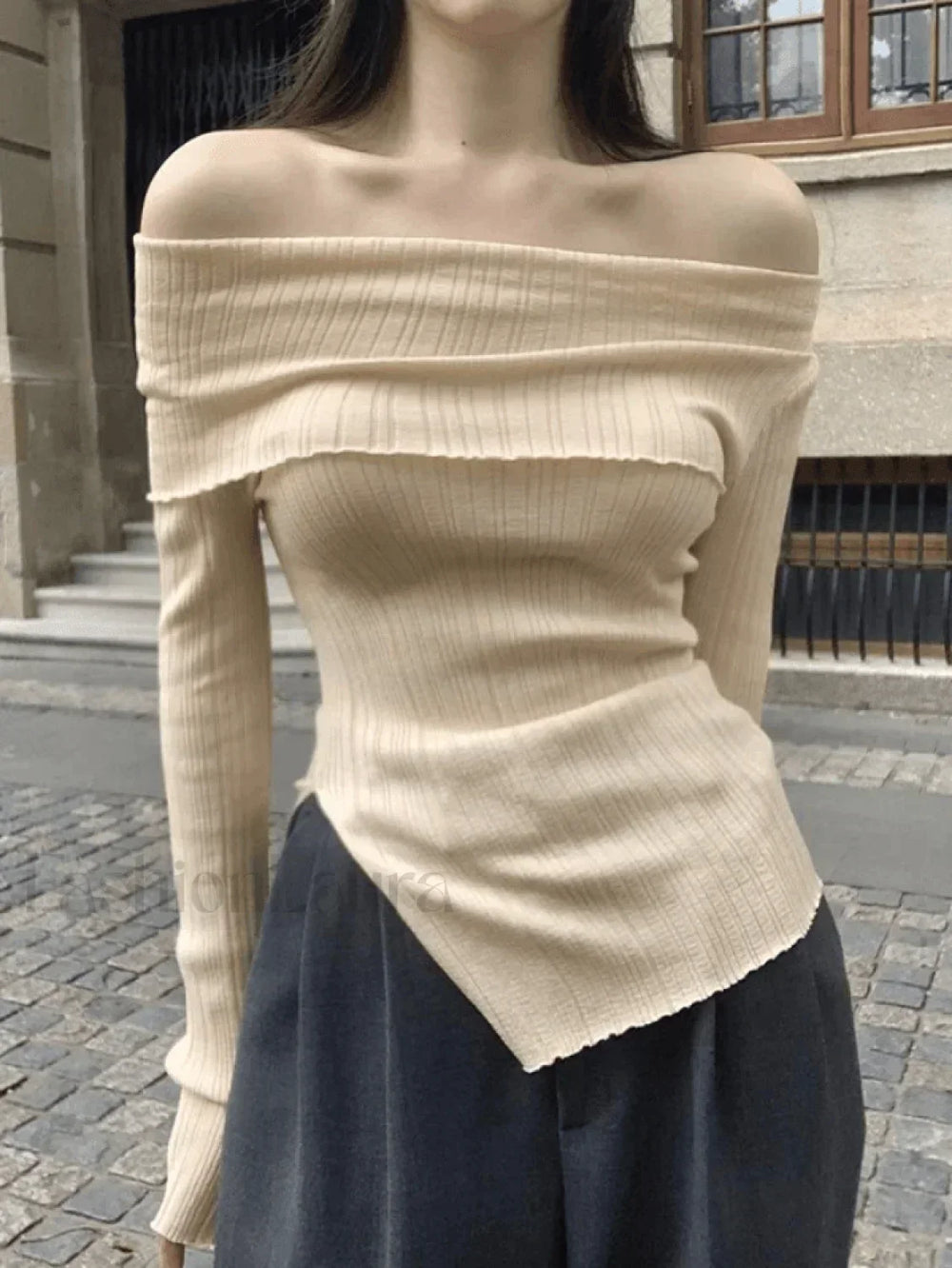 Split Off Shoulder Ribbed Knit Top Beige / ONE SIZE Sweaters