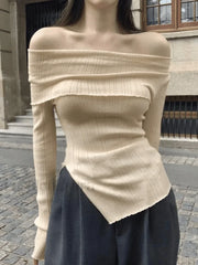 Split Off Shoulder Ribbed Knit Top Beige / ONE SIZE Sweaters
