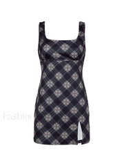 Split Sleeveless Checkered Mini Dress Mini Dresses