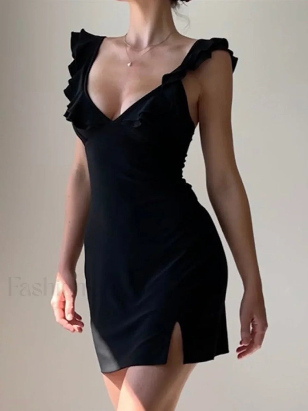 Split V Neck Mini Dress Black / S Mini Dresses