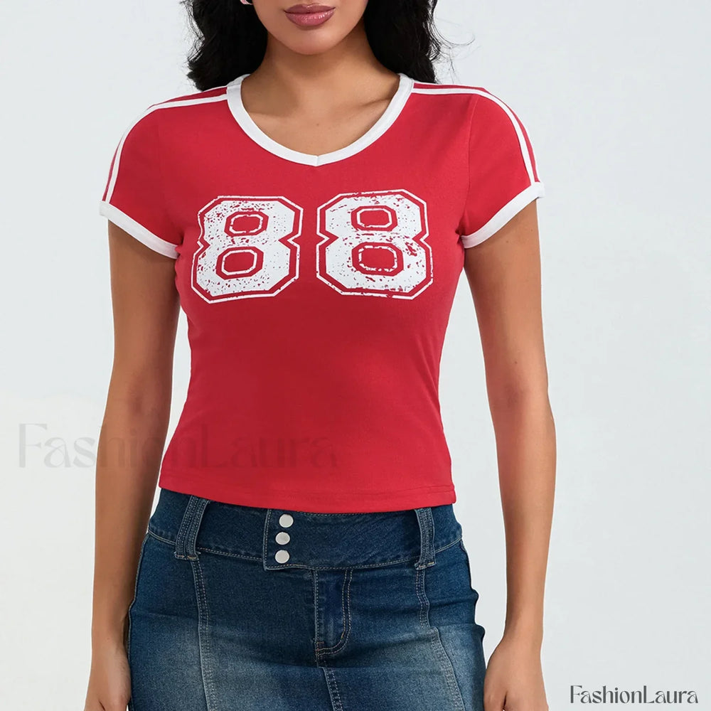 Sporty V Neck Number Print T Shirt