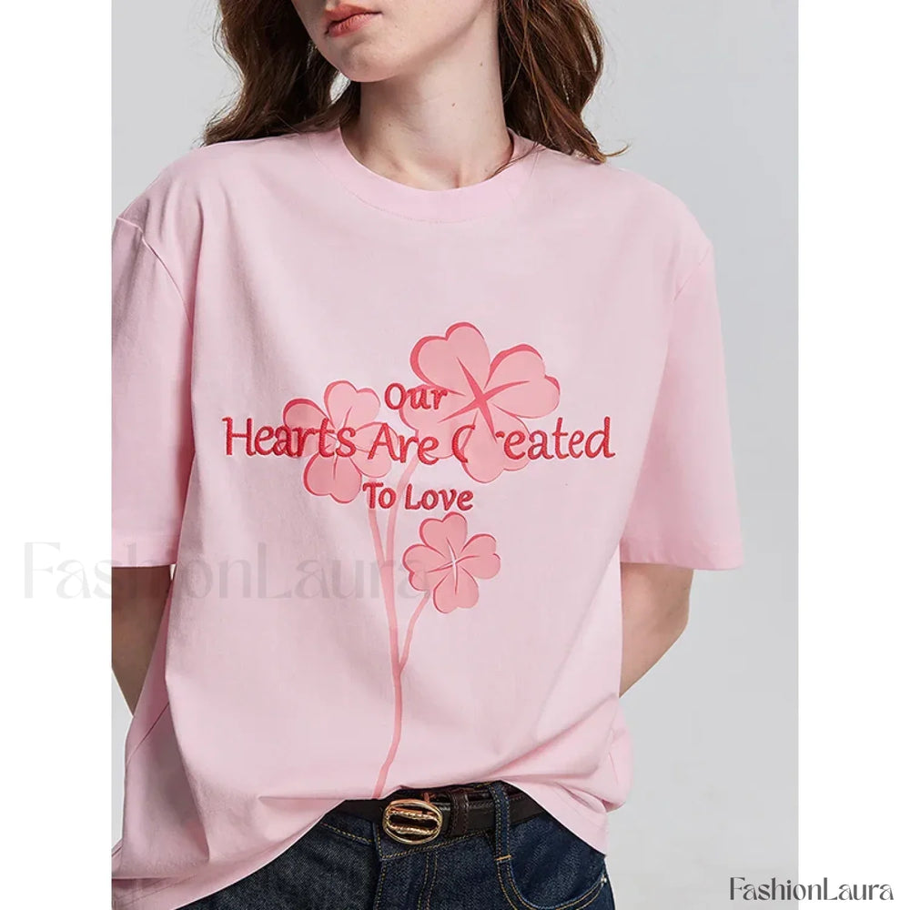Spring New Casual Loose Cotton T Shirt Pink / S