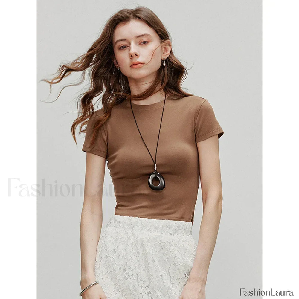 Spring New Casual Short Sleeve T Shirt Brown / S