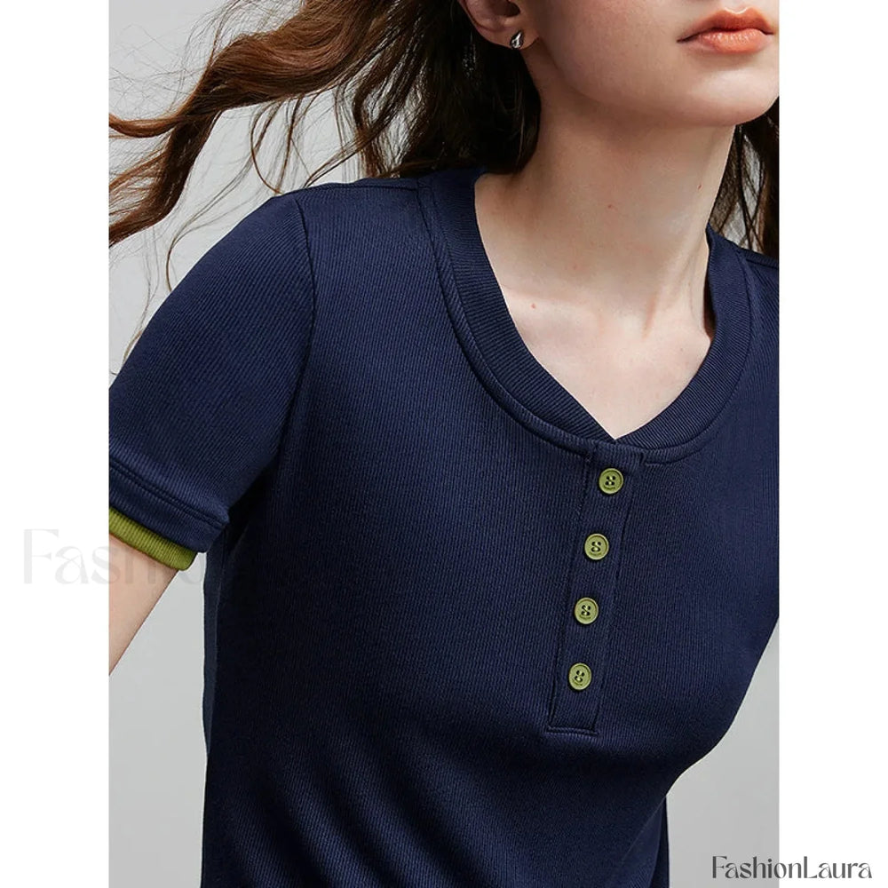 Spring New Short Sleeve Casual T Shirt Navy Bule / S