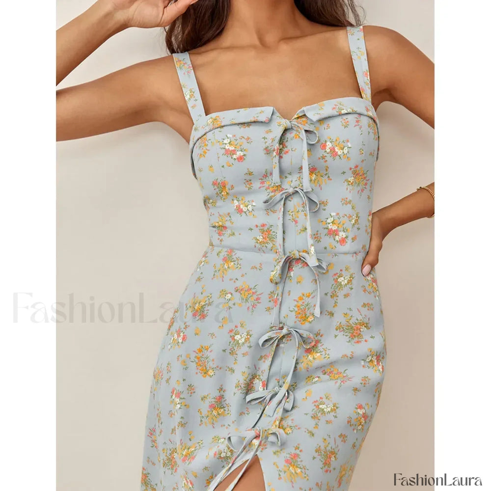 Square Bow Slit Floral Dress
