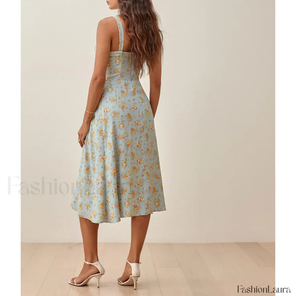 Square Bow Slit Floral Dress