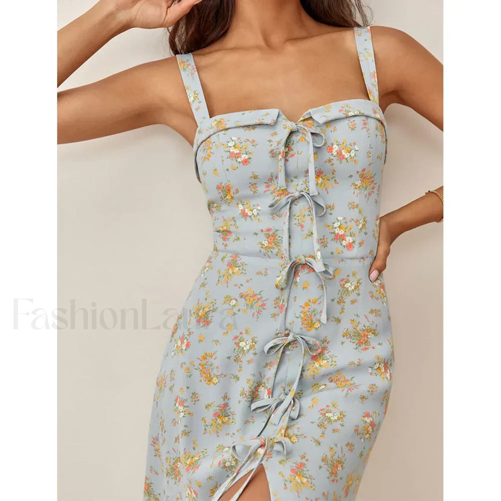 Square Bow Slit Floral Dress