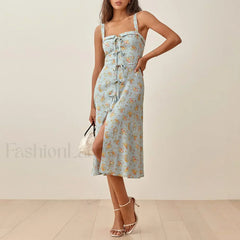 Square Bow Slit Floral Dress Blue / S