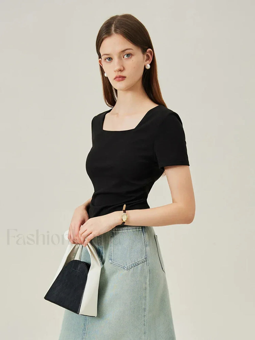 Square Collar Casual Elegant T Shirt Black / XS