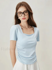 Square Collar Casual Elegant T Shirt Blue / XS