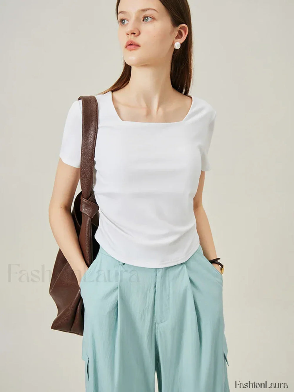 Square Collar Casual Elegant T Shirt Ivory / XS