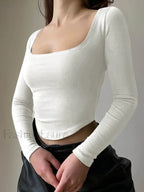 Square Collar Long Sleeve Solid Green Crop Top