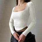 Square Collar Long Sleeve Solid Green Crop Top WHITE / S
