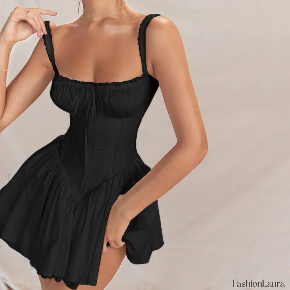 Square Neck Ballet Floral Dress Black / S