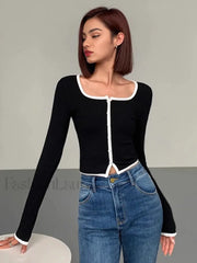 Square Neck Contrast Trim Long Sleeve Knit Shirt Black / XS T Shirts
