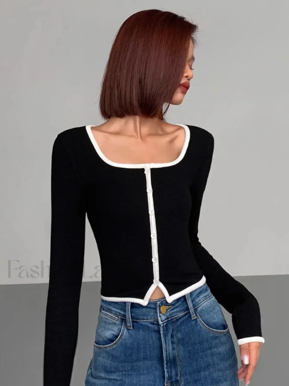 Square Neck Contrast Trim Long Sleeve Knit Shirt T Shirts
