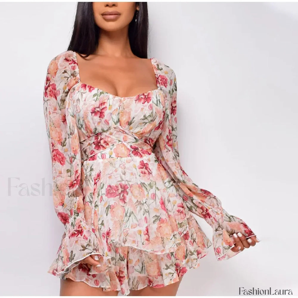 Square Neck Jumpsuit Floral Dress