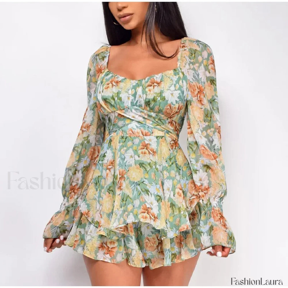 Square Neck Jumpsuit Floral Dress