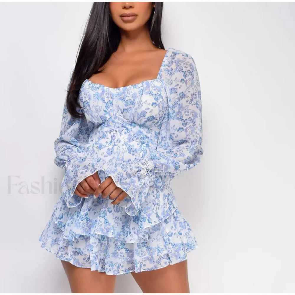 Square Neck Jumpsuit Floral Dress Blue / S